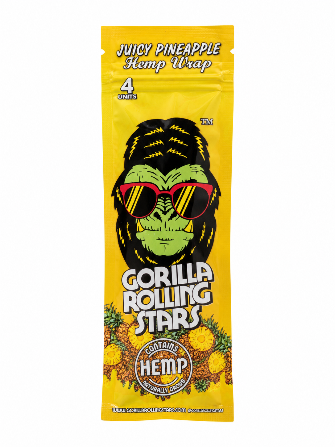 Gorilla Rolling Stars Juicy Pineapple hemp wrap pouch, front, marked 4 units