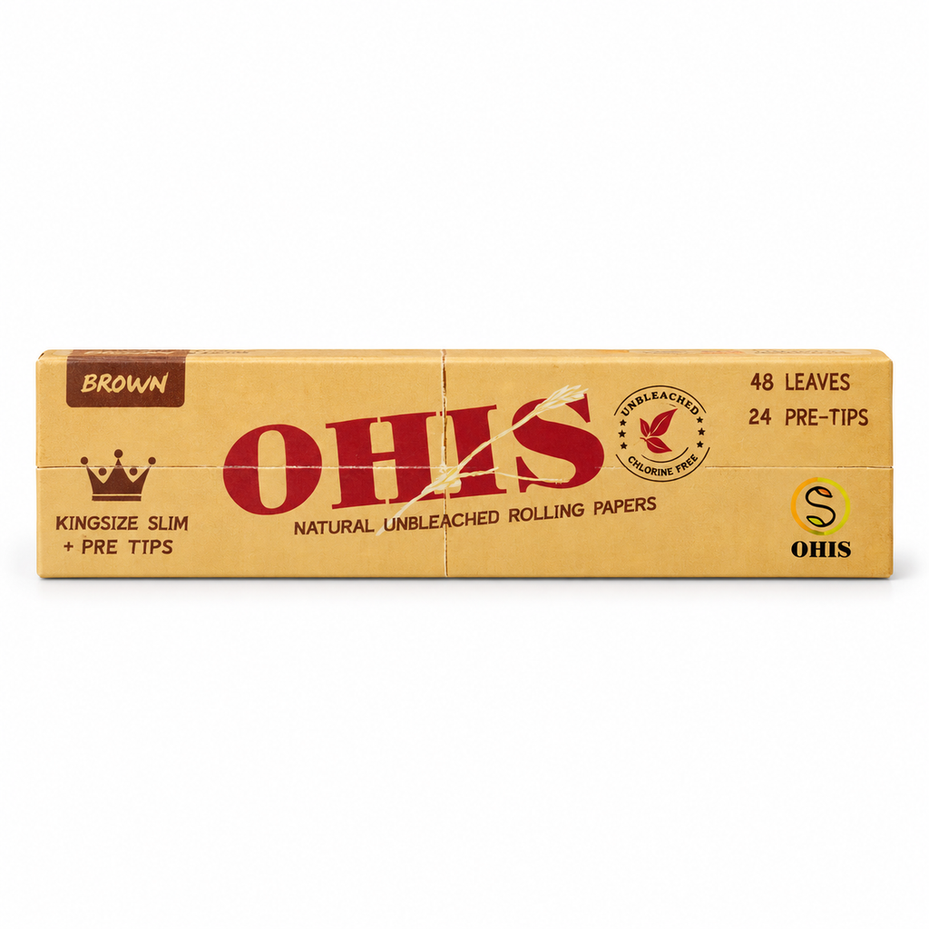 Closed OHIS Brown king size slim rolling paper case marked 48 leaves and 24 pre-tips