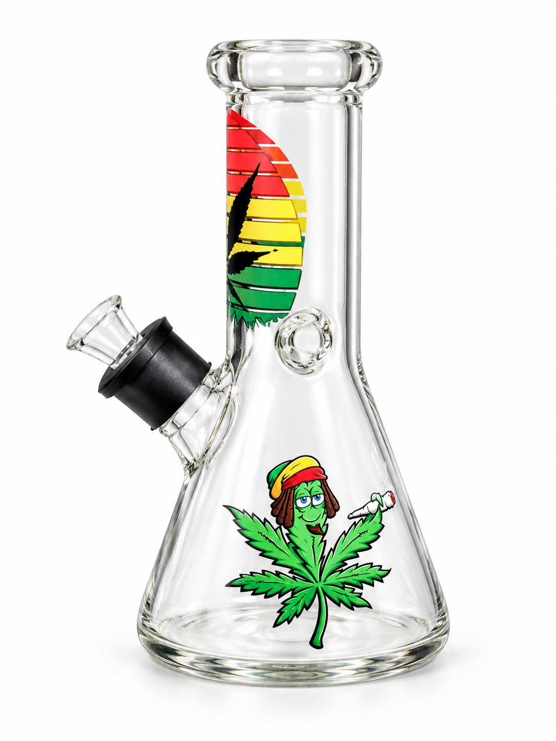 17 cm clear mini beaker water pipe printed with a rasta leaf character and red, gold and green stripes