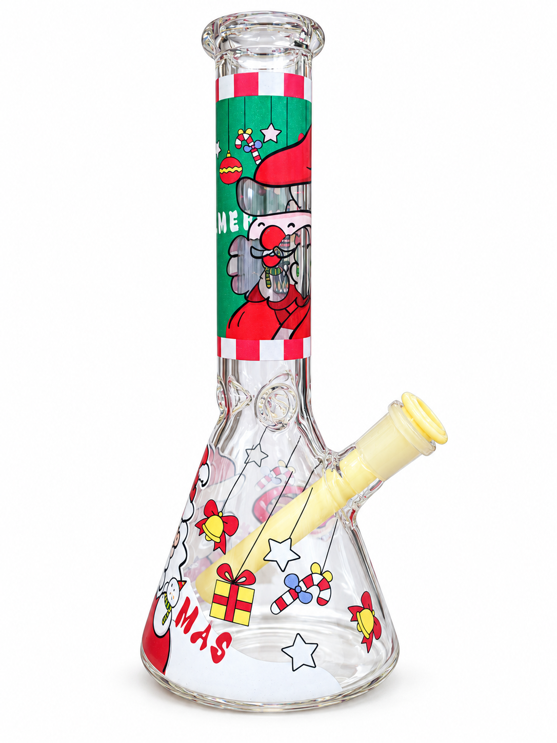 30 cm clear beaker water pipe with a cartoon Santa neck band, hanging gift decals and a pale yellow downstem