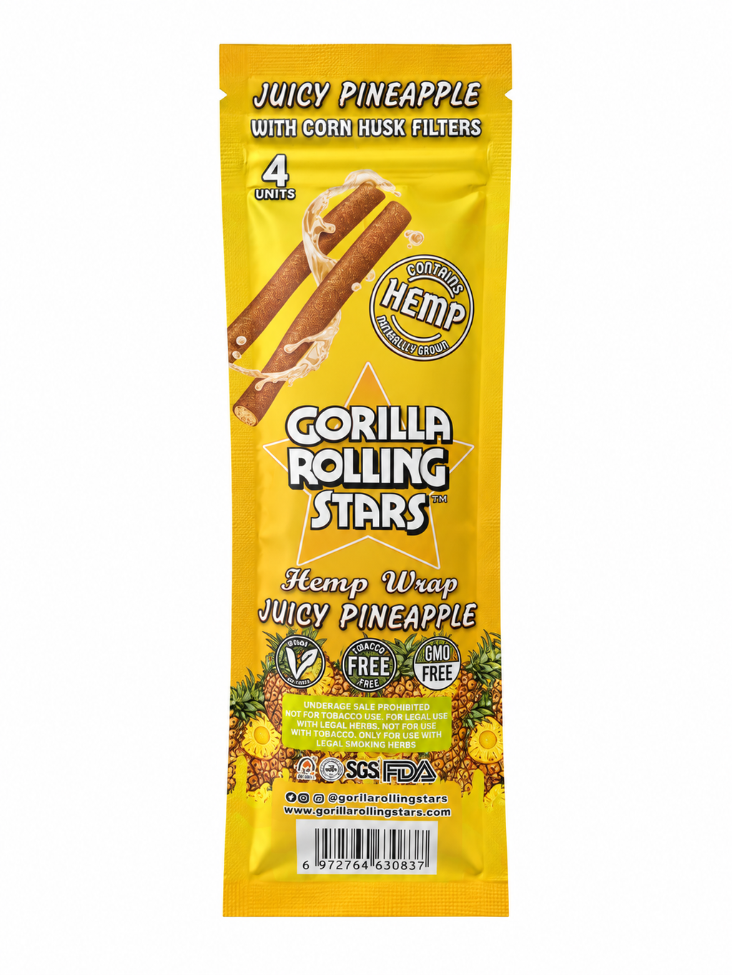 Back of the Gorilla Rolling Stars Juicy Pineapple pouch showing a wrap with corn husk tip