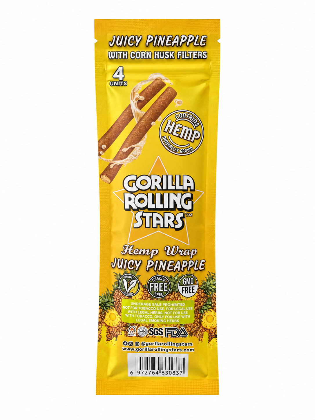 Back of the Gorilla Rolling Stars Juicy Pineapple pouch showing a wrap with corn husk tip