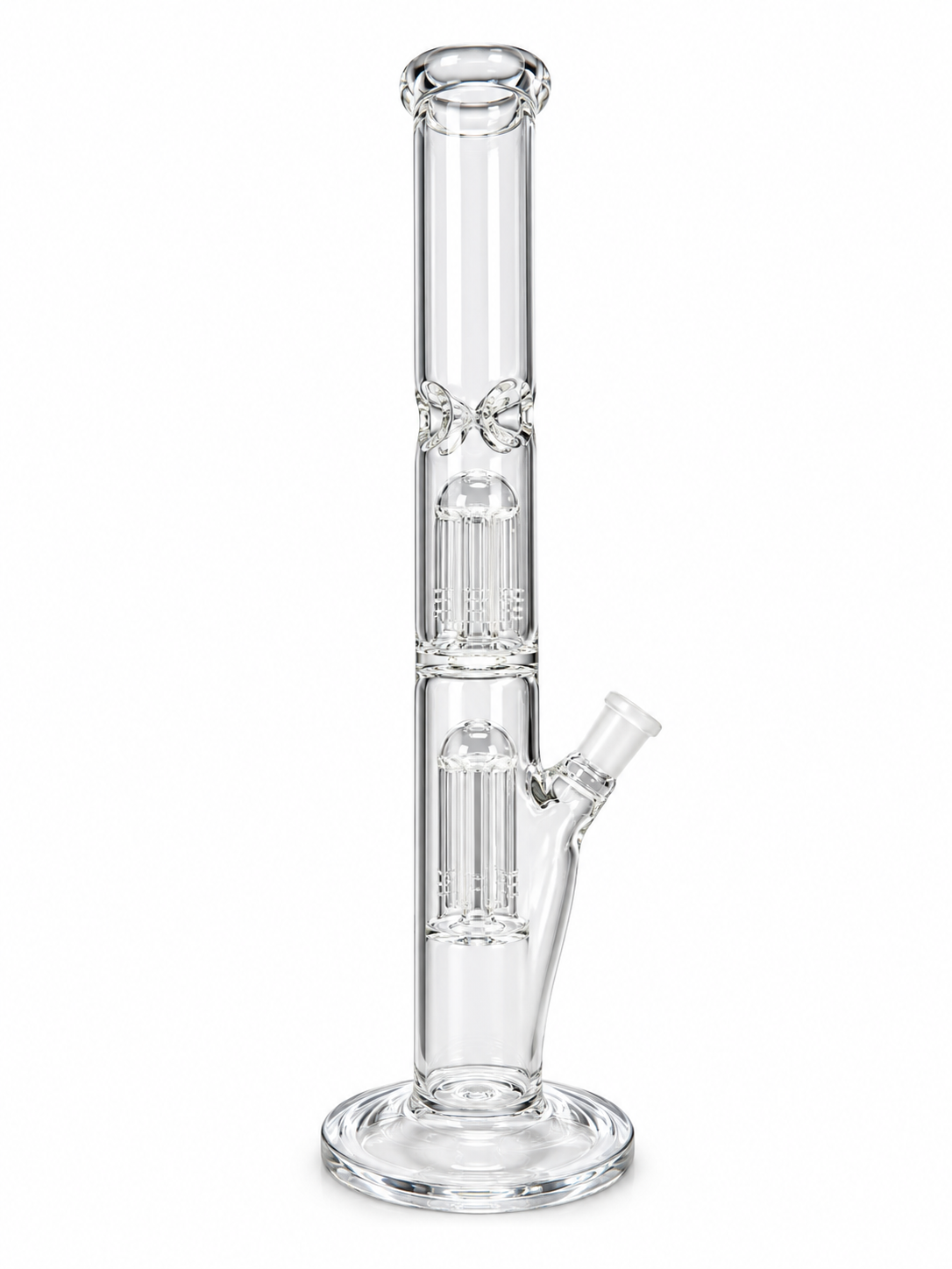 35 cm clear straight-tube glass water pipe with two tree percolators on a disc base