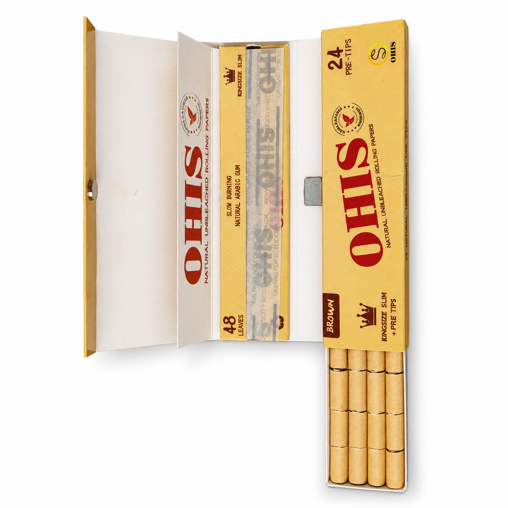 Open OHIS Brown case showing the papers on one side and pre-rolled tips on the other