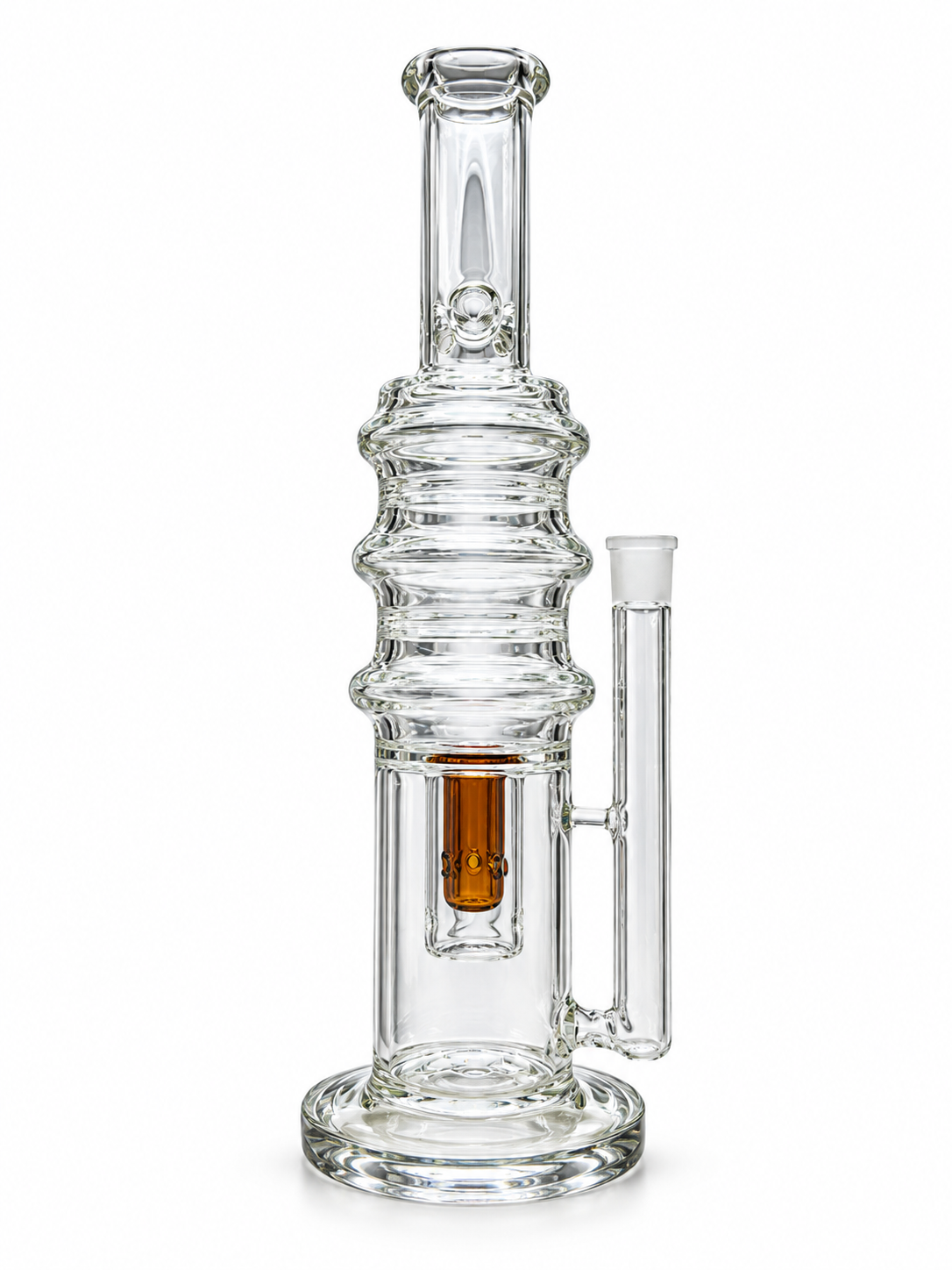 30 cm clear glass water pipe with a ribbed upper chamber and an amber inline percolator