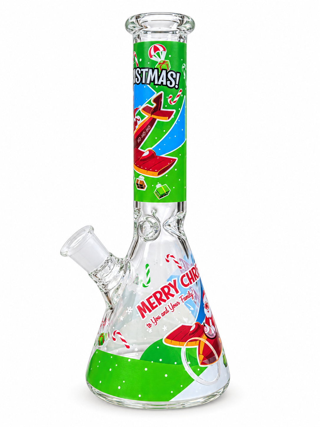 30 cm clear beaker water pipe with green Christmas artwork of a cartoon Santa flying a plane