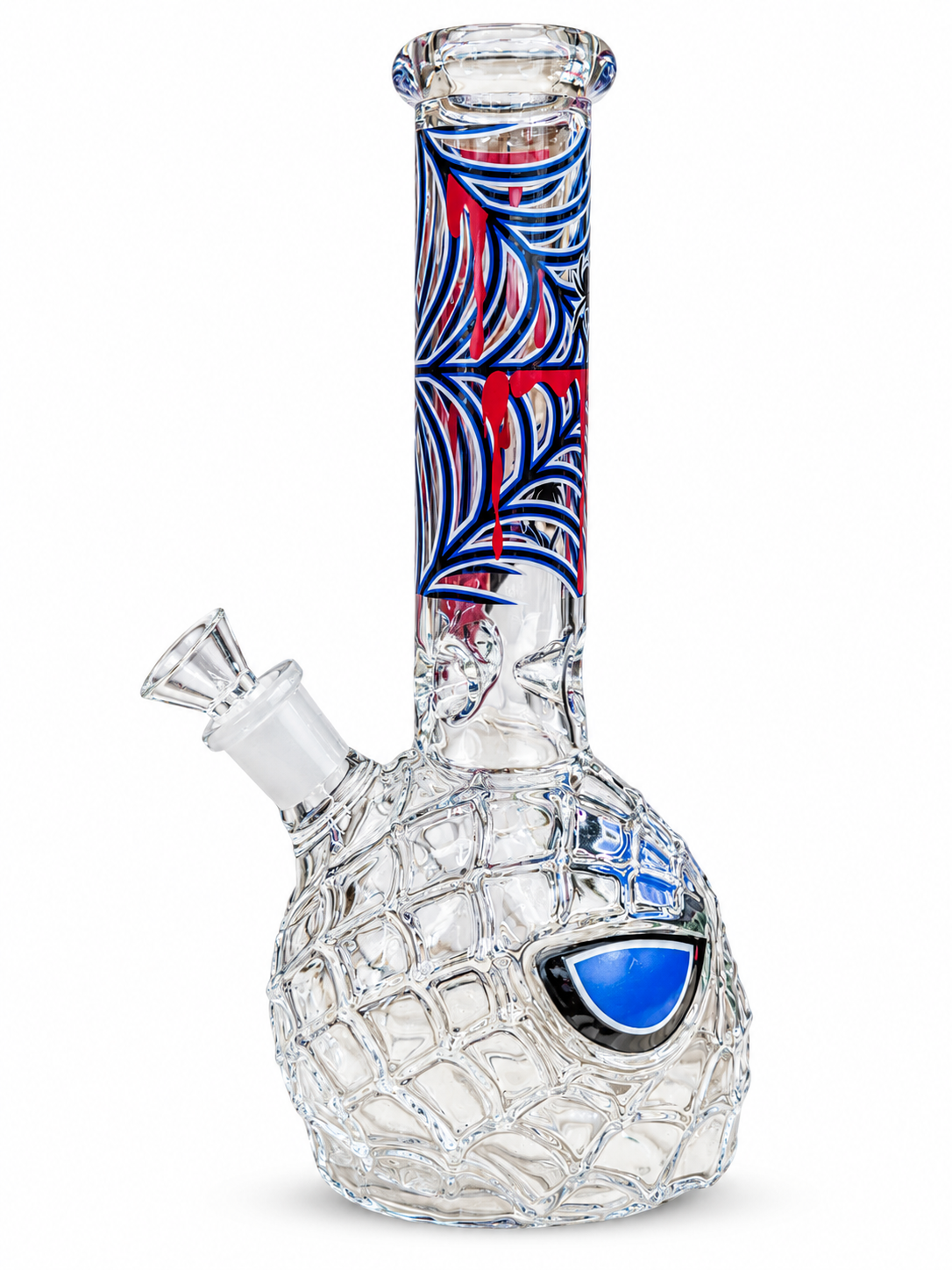 30 cm clear glass water pipe with a web-textured round base and a blue and red web-print neck