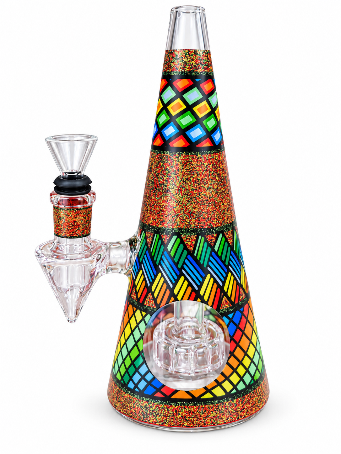 15 cm cone-shaped glass water pipe with multicoloured geometric bands, glitter panels and a clear bowl