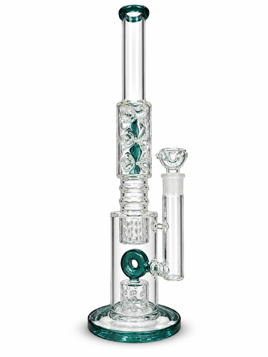 38 cm straight glass water pipe with emerald green trim, drum percolators and a fitted bowl