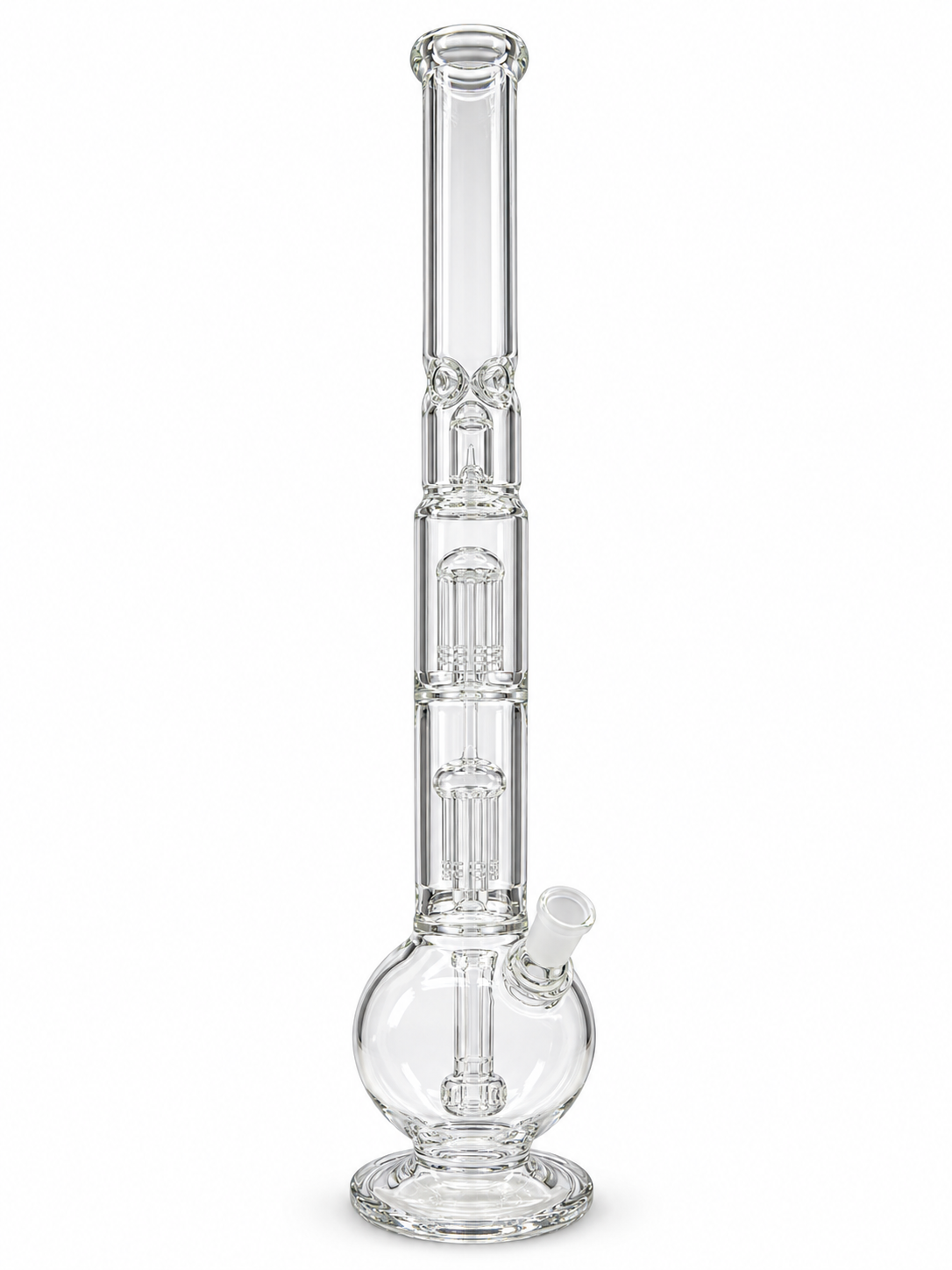 40 cm clear glass water pipe with a round bulb base and two stacked tree percolators