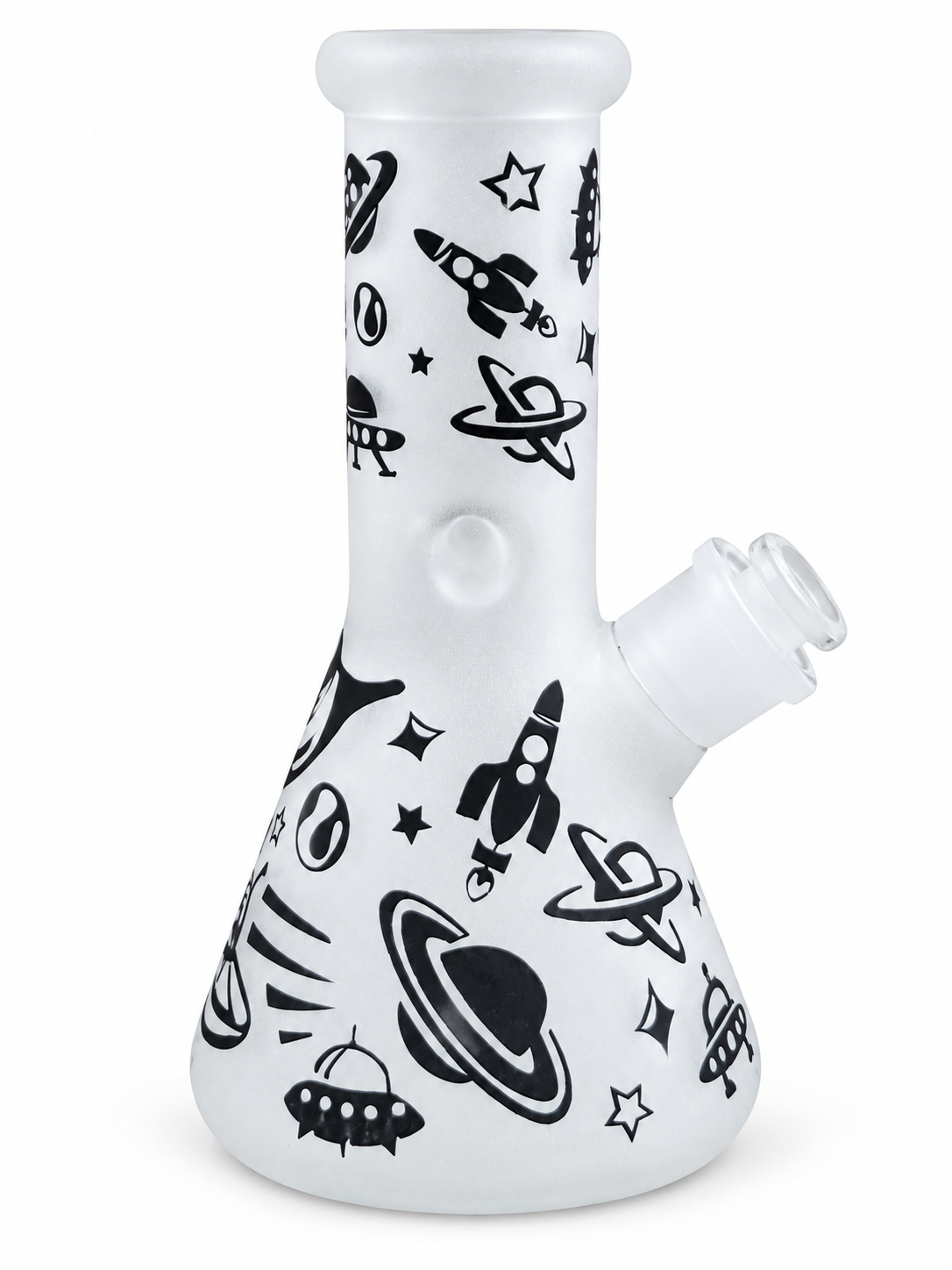 13 cm white frosted mini beaker water pipe with black rocket, planet and UFO doodles
