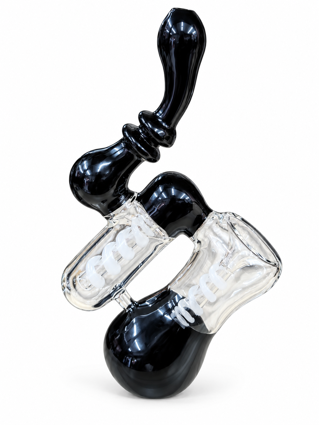 12 cm black and clear glass hand bubbler with two chambers containing white glass coils