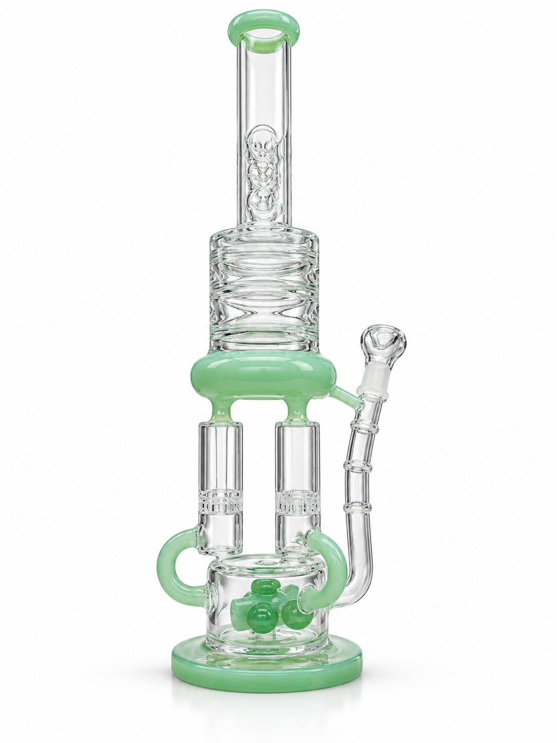 Front view of a 45 cm clear glass recycler water pipe with mint green trim and three chambers