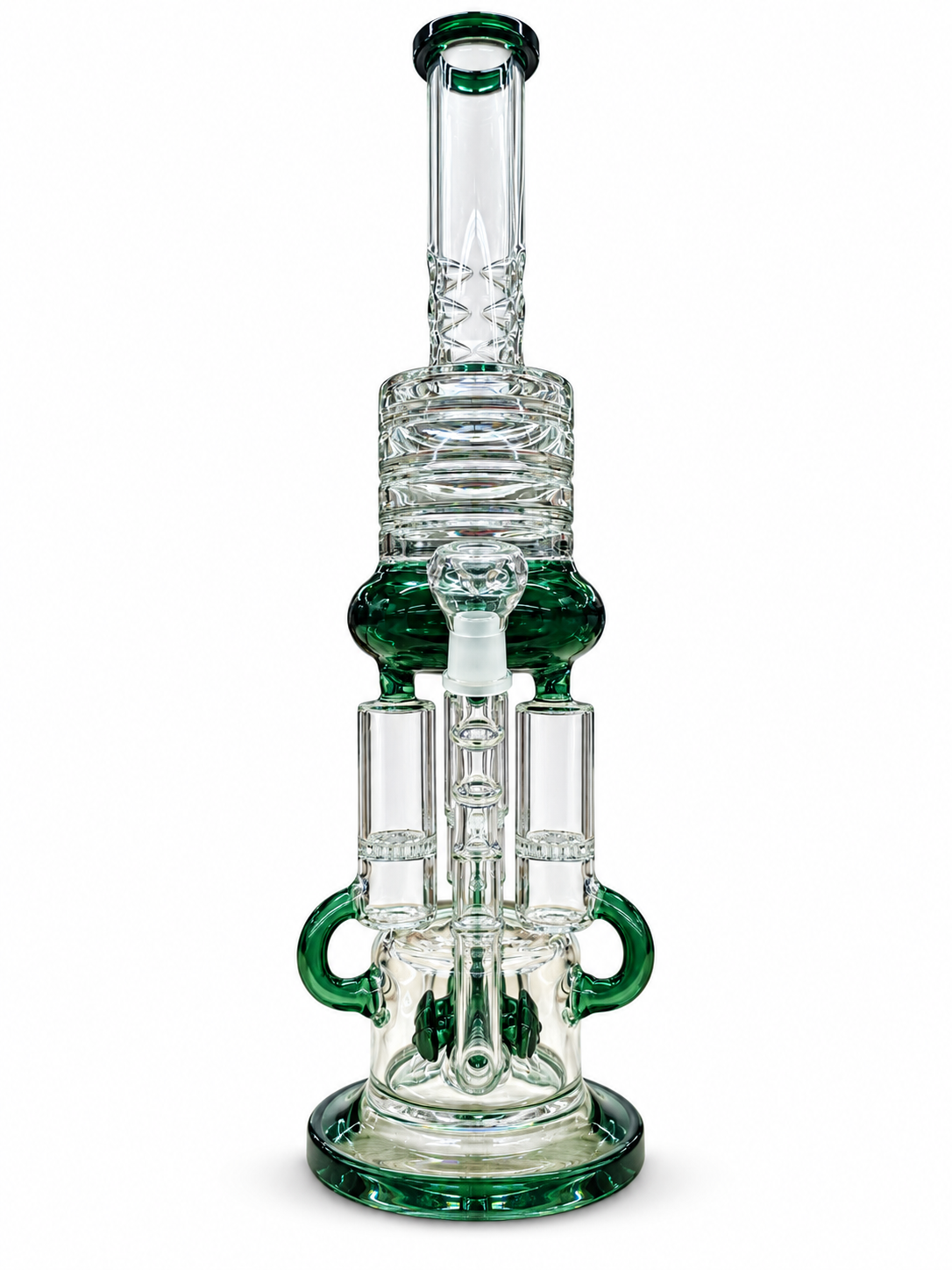 45 cm clear glass recycler water pipe with dark green trim, side loops and twin tube chambers