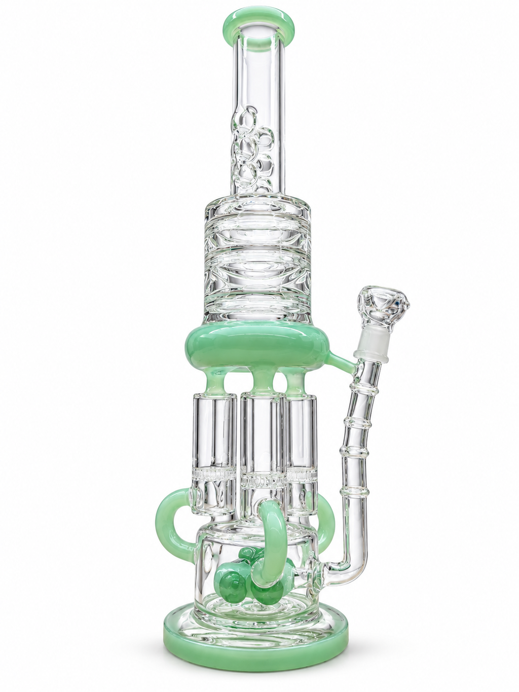Angled view of the mint green recycler water pipe showing its percolator chambers