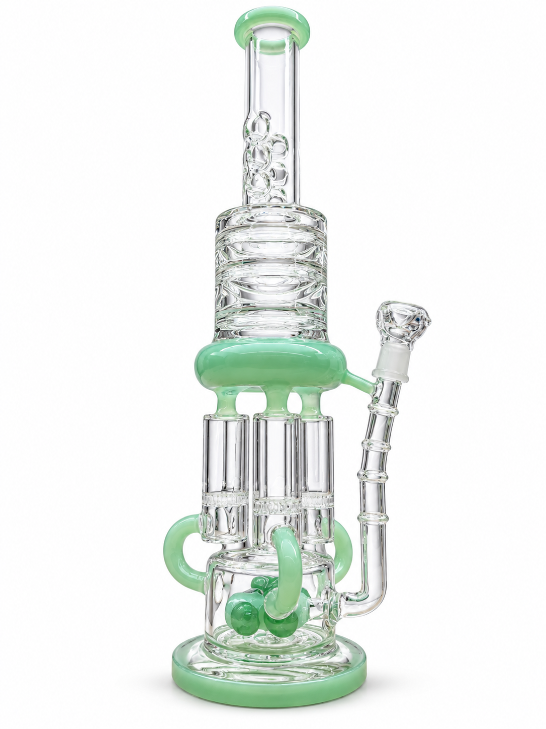 Angled view of the mint green recycler water pipe showing its percolator chambers
