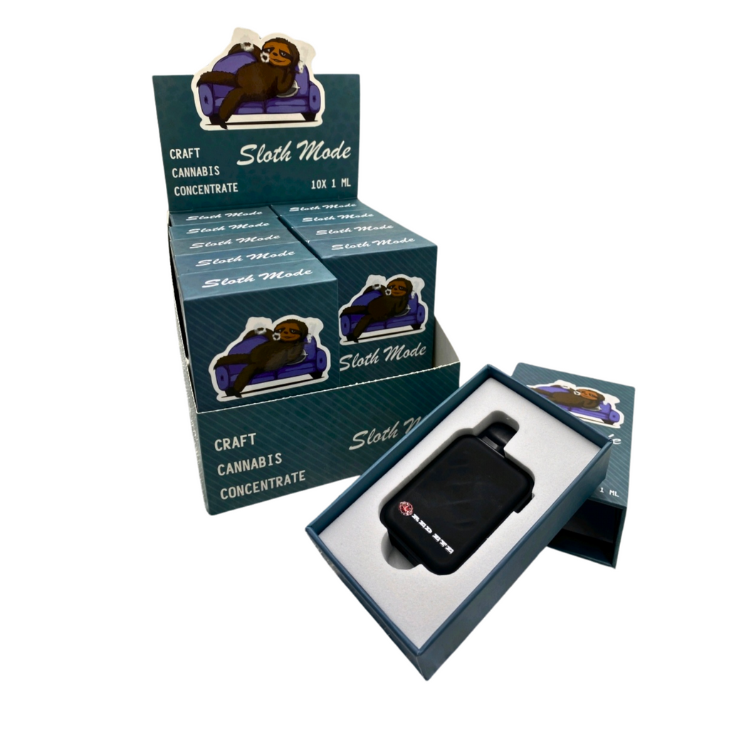 Sloth Mode 1 ml all-in-one vape device in its open box, with a Sloth Mode retail display box behind it