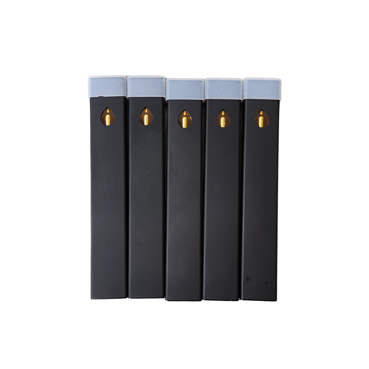 Five black 1 ml THC disposable vape devices standing side by side
