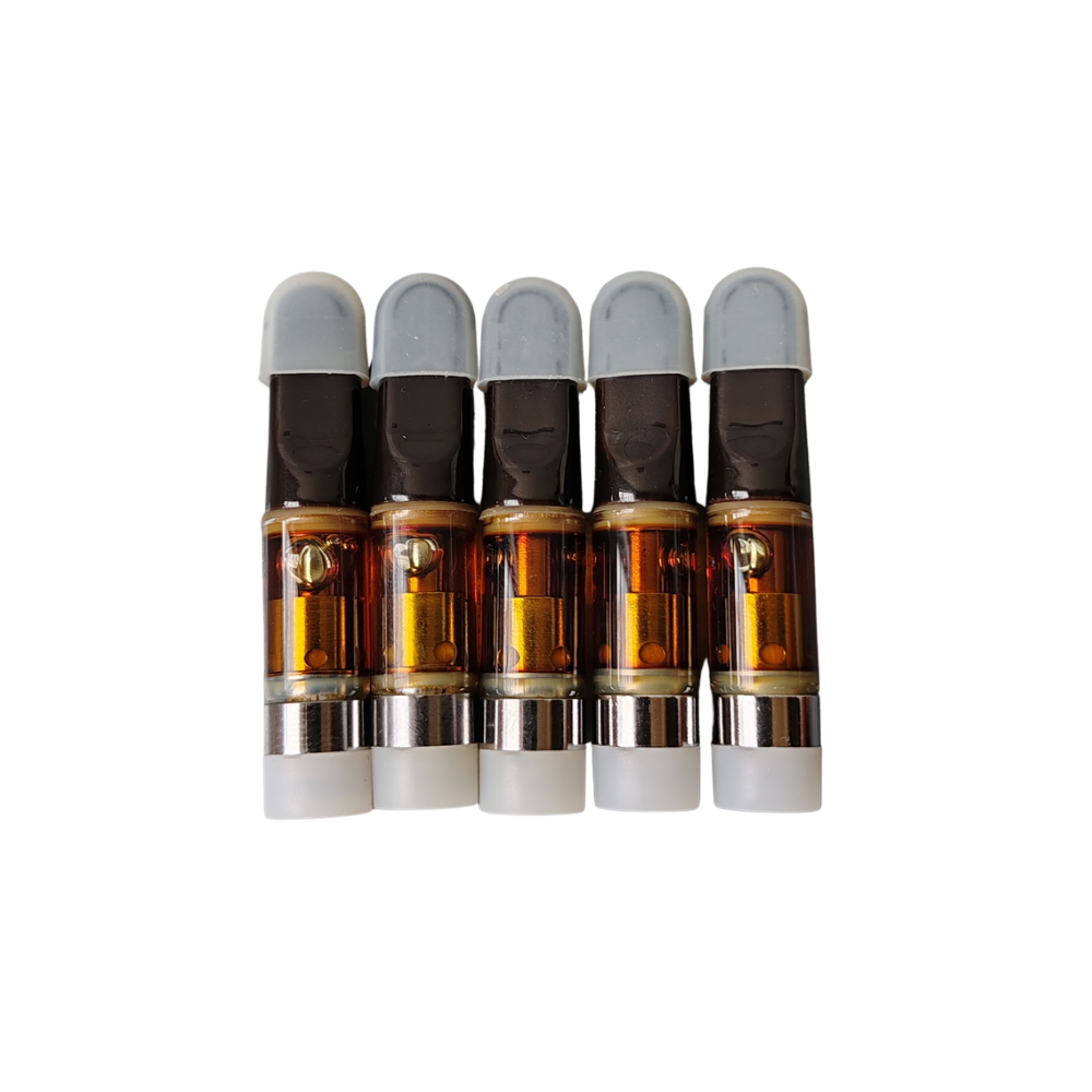 Five 0.5 ml THC distillate vape cartridges standing in a row