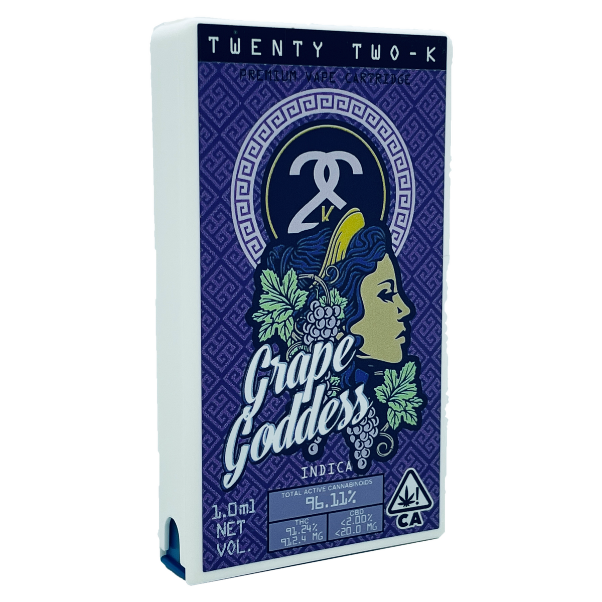22K Grape Goddess vape cartridge beside its 22K retail packaging