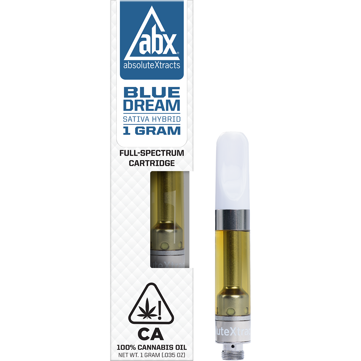 ABX Blue Dream vape cartridge beside its ABX retail packaging