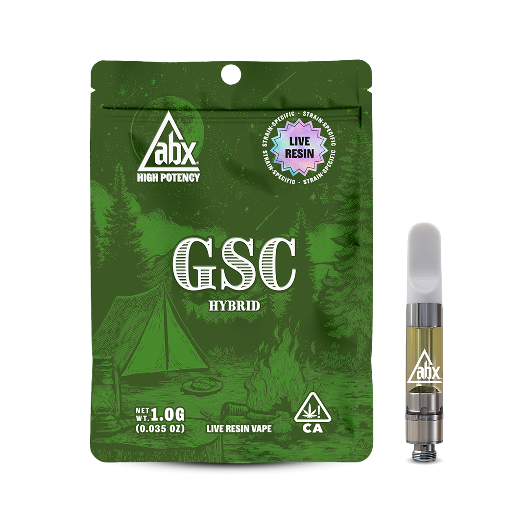ABX GSC vape cartridge beside its ABX retail packaging