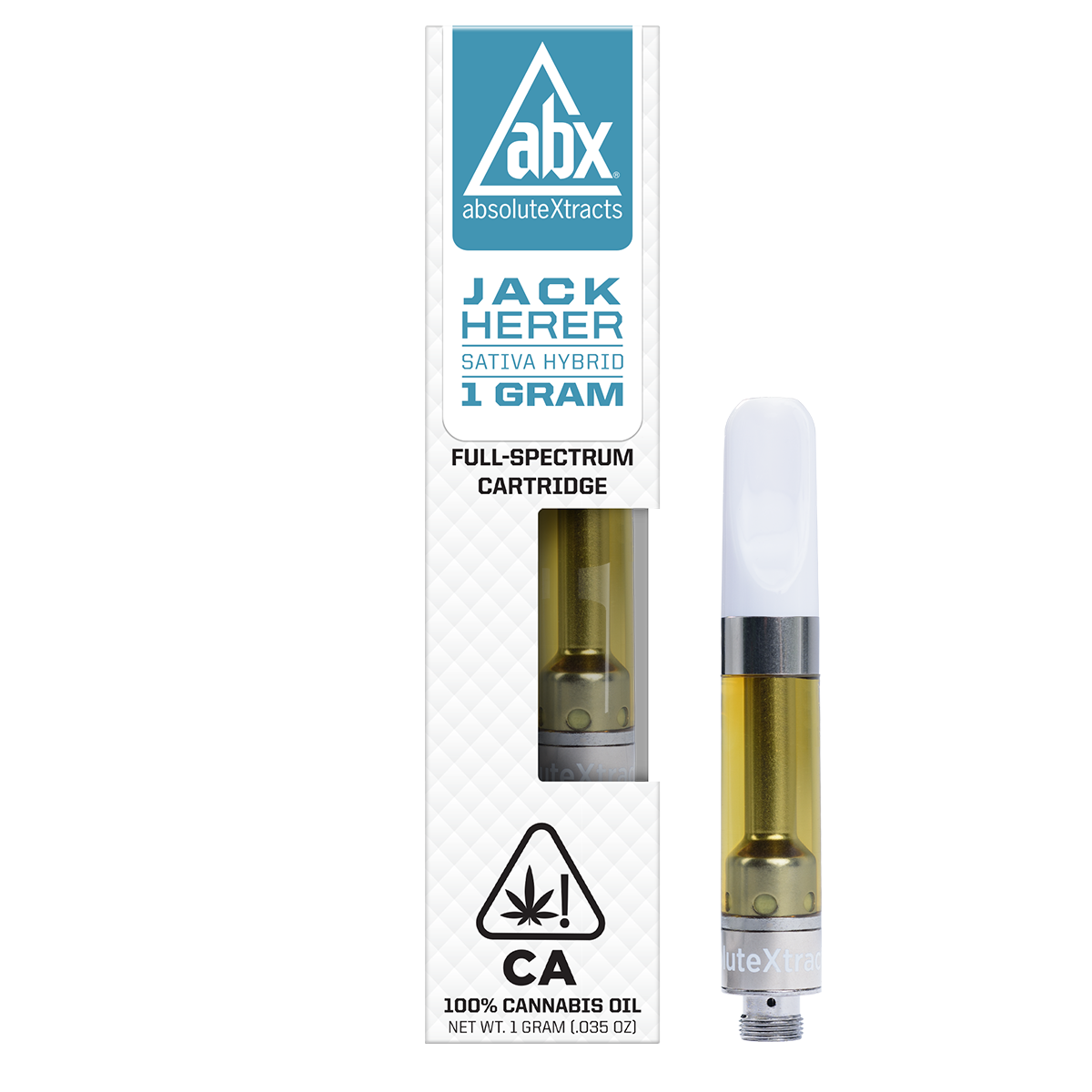 ABX Jack Herer vape cartridge beside its ABX retail packaging