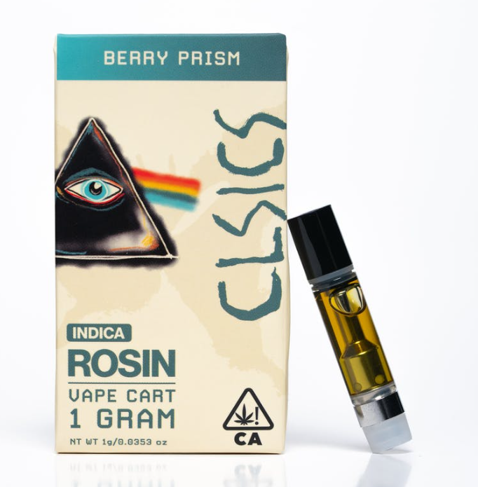 CLSICS Berry Prism vape cartridge beside its CLSICS retail packaging