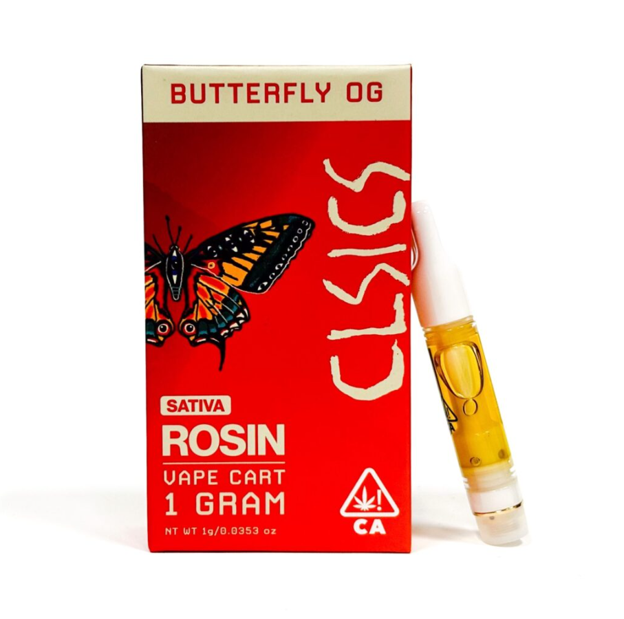 CLSICS Butterfly OG vape cartridge beside its CLSICS retail packaging