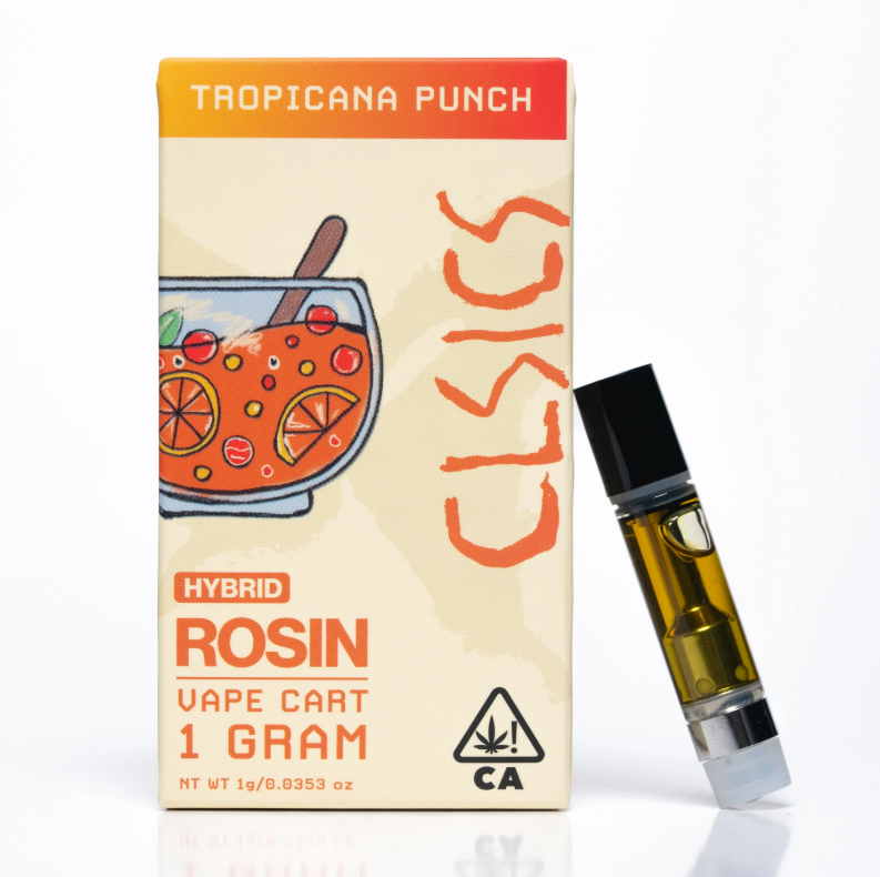 CLSICS Tropicana Punch vape cartridge beside its CLSICS retail packaging