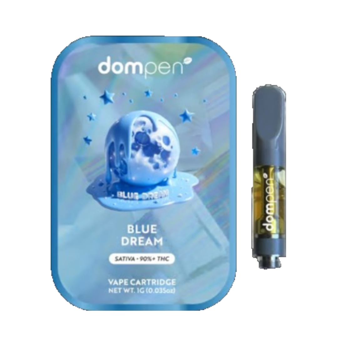 Dom Pen Blue Dream vape cartridge beside its Dom Pen retail packaging