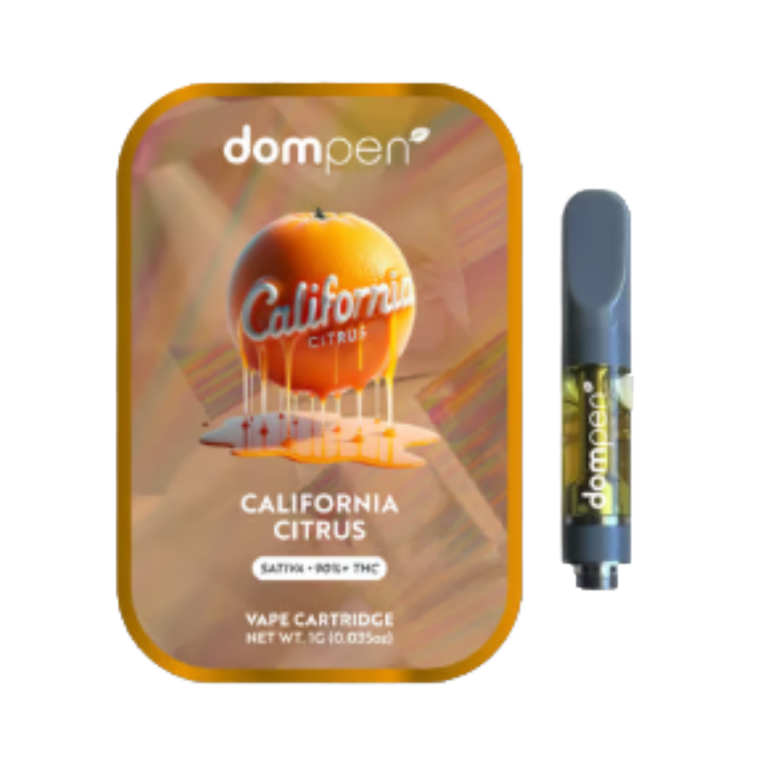 Dom Pen California Citrus vape cartridge beside its Dom Pen retail packaging