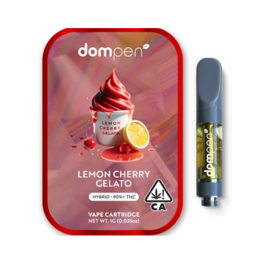 Dom Pen Lemon Cherry Gelato vape cartridge beside its Dom Pen retail packaging