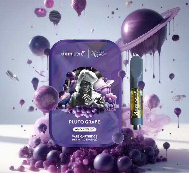 Dom Pen x Future Pluto Grape vape cartridge beside its Dom Pen x Future retail packaging