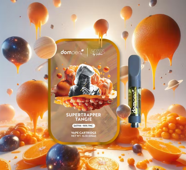 Dom Pen x Future Super Trapper Tangie vape cartridge beside its Dom Pen x Future retail packaging