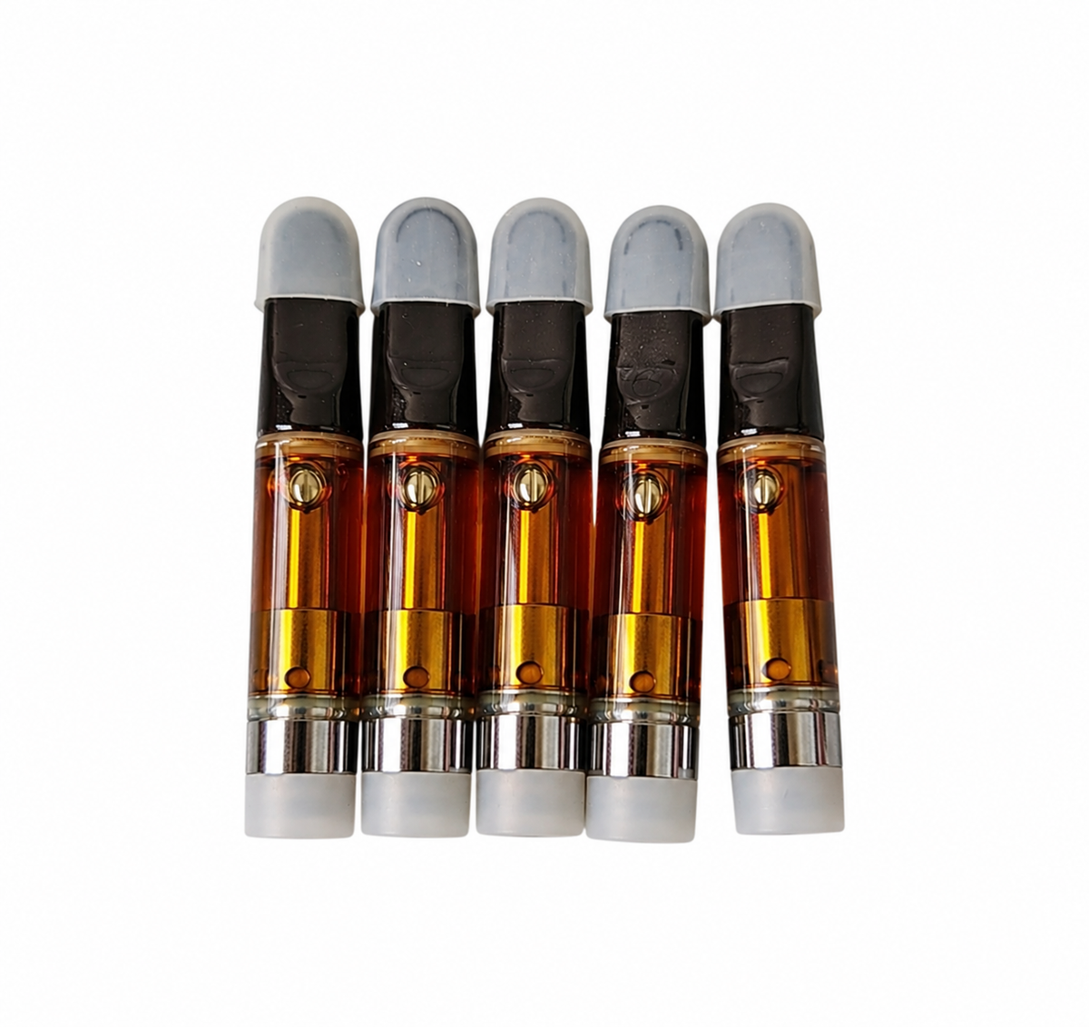 Five 1 ml THC distillate vape cartridges standing in a row