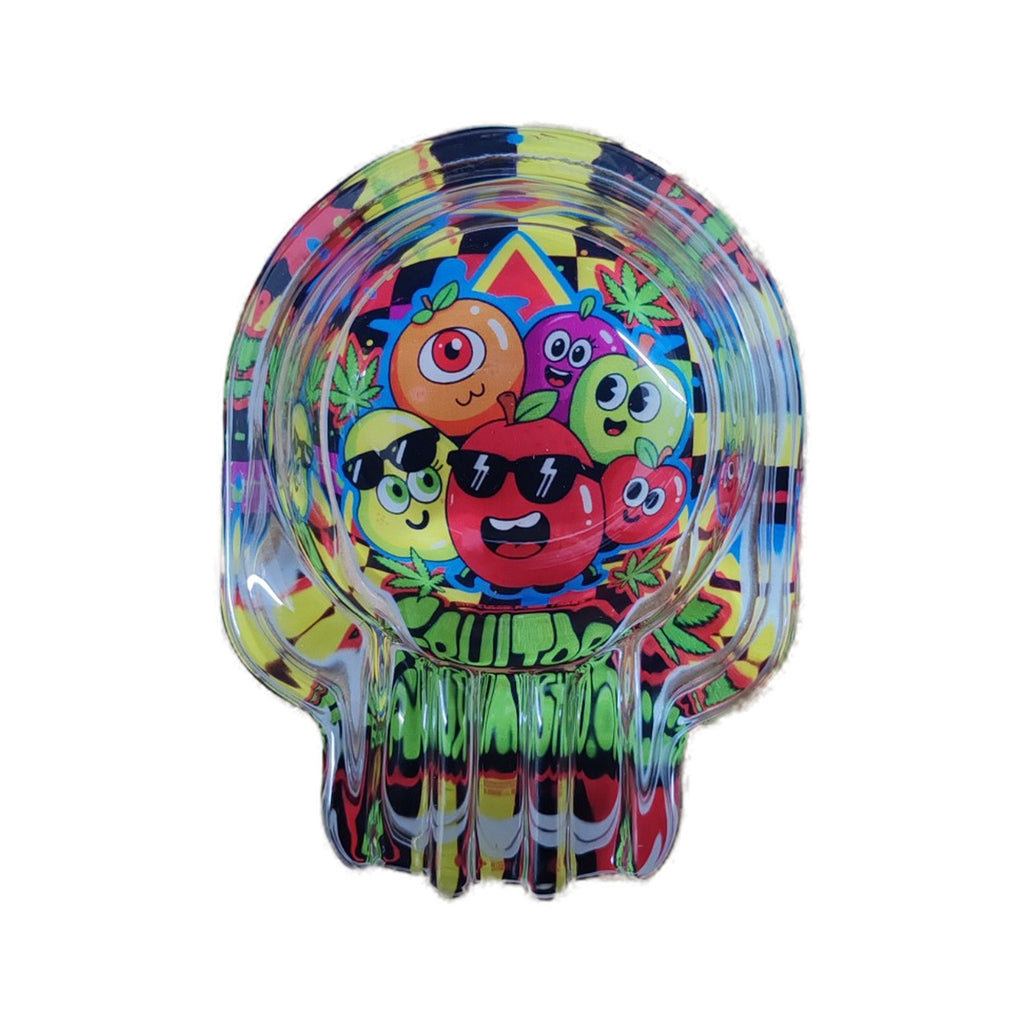 Fruitors skull glass ashtray in the Cool Fruit Crew design with smiling cartoon fruit