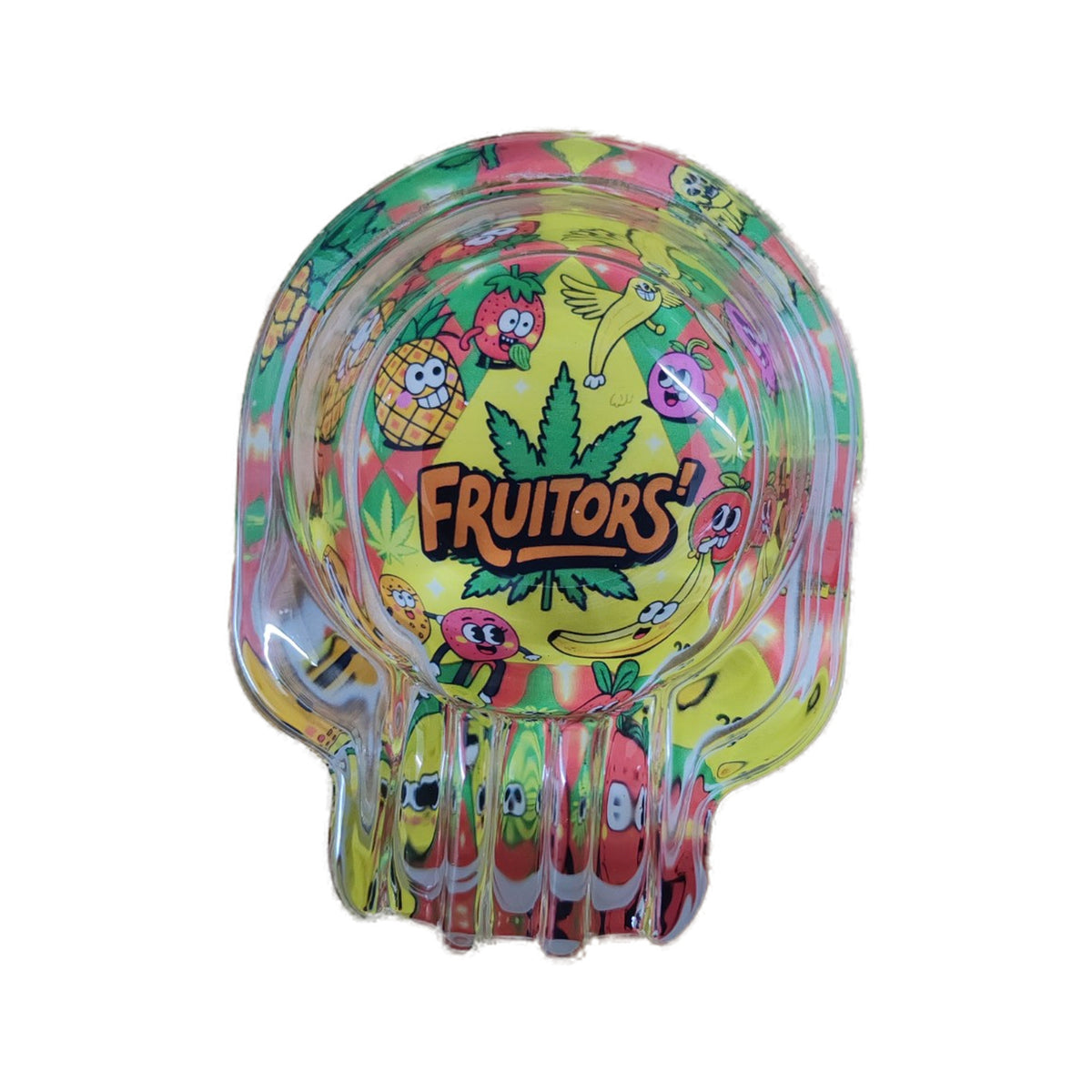 Fruitors skull glass ashtray in the Tropical Fruit and Leaf design