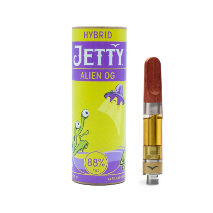 Jetty Extracts Alien OG vape cartridge beside its Jetty Extracts retail packaging
