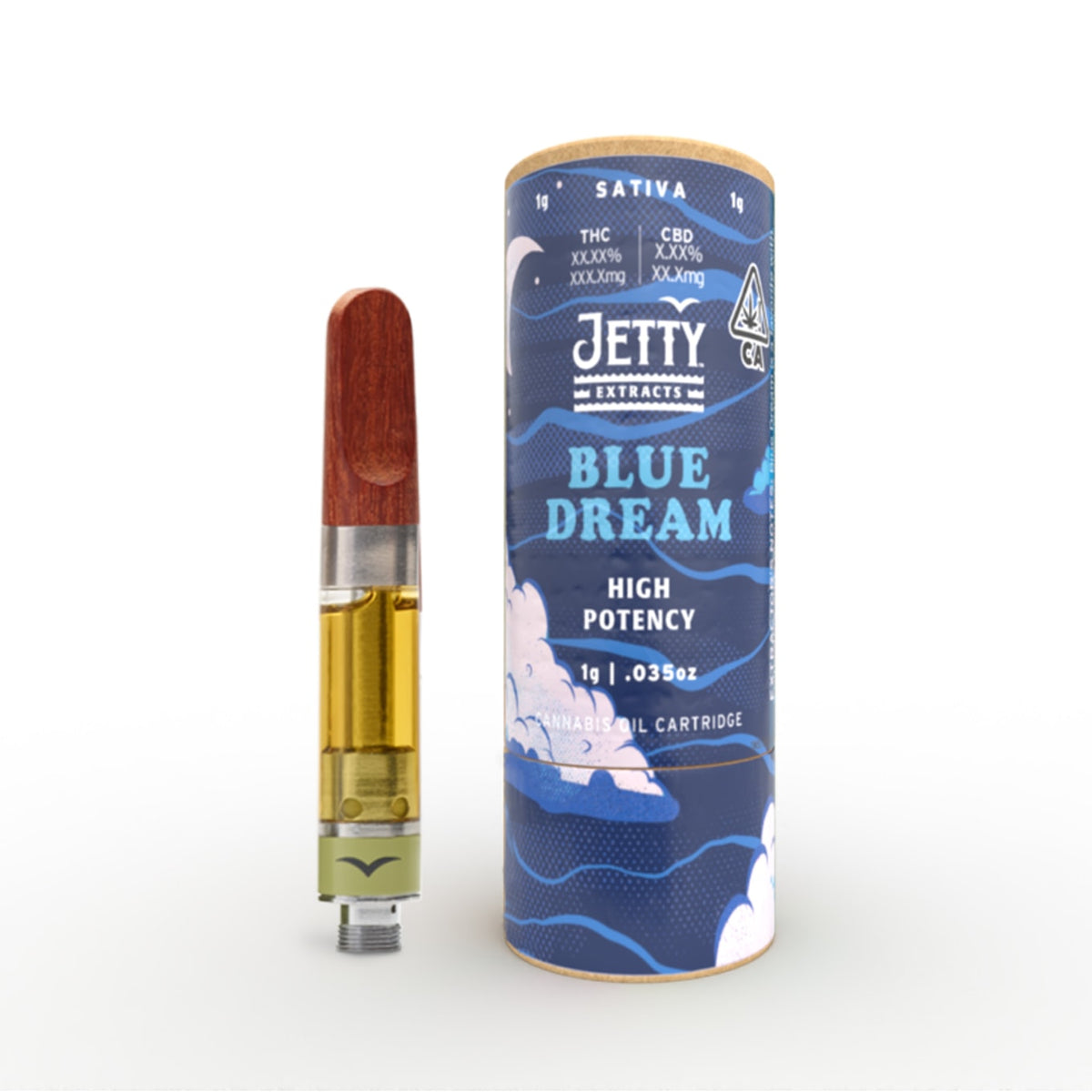Jetty Extracts Blue Dream vape cartridge beside its Jetty Extracts retail packaging