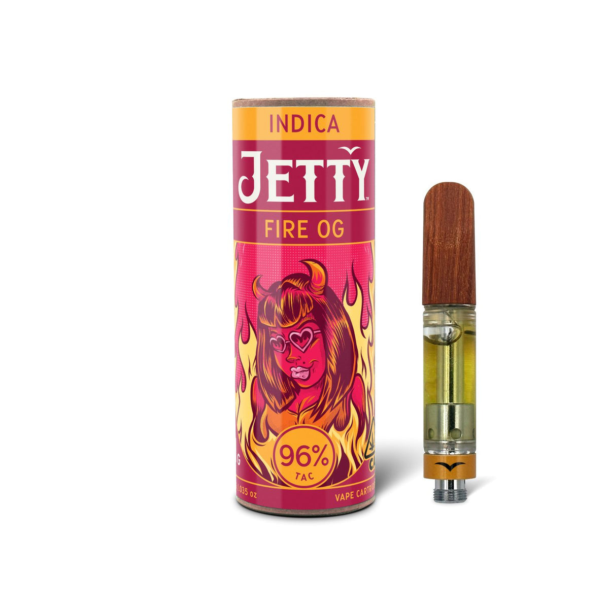 Jetty Extracts Fire OG vape cartridge beside its Jetty Extracts retail packaging