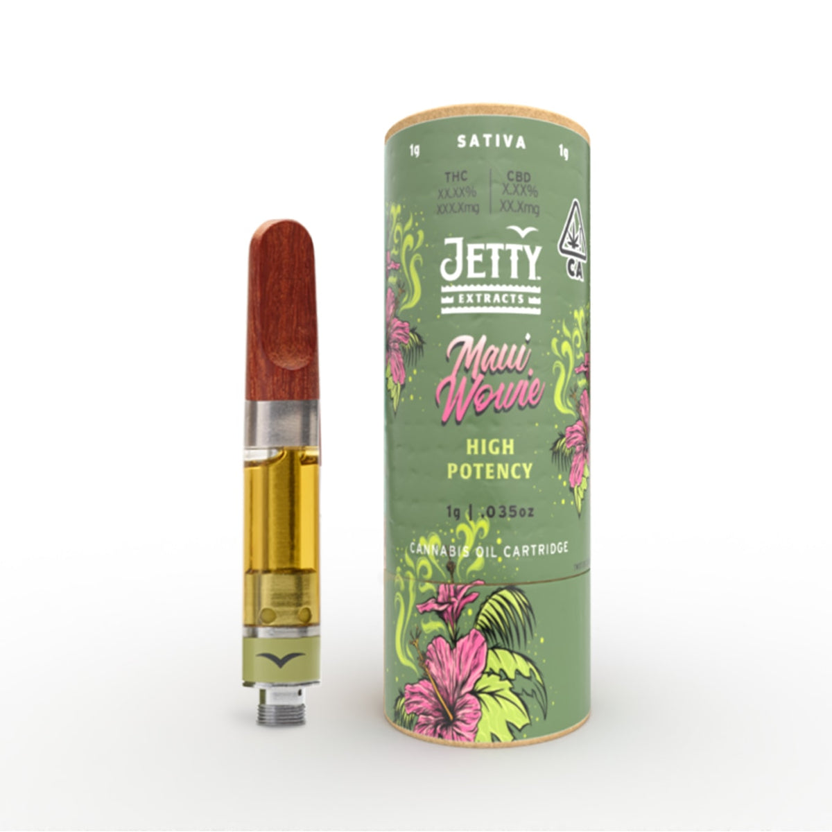 Jetty Extracts Maui Wowie vape cartridge beside its Jetty Extracts retail packaging