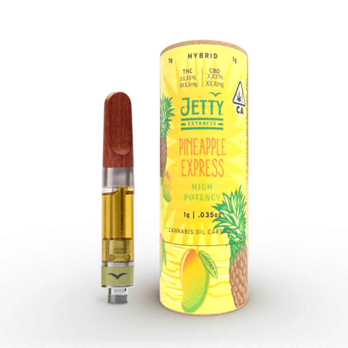 Jetty Extracts Pineapple Express vape cartridge beside its Jetty Extracts retail packaging