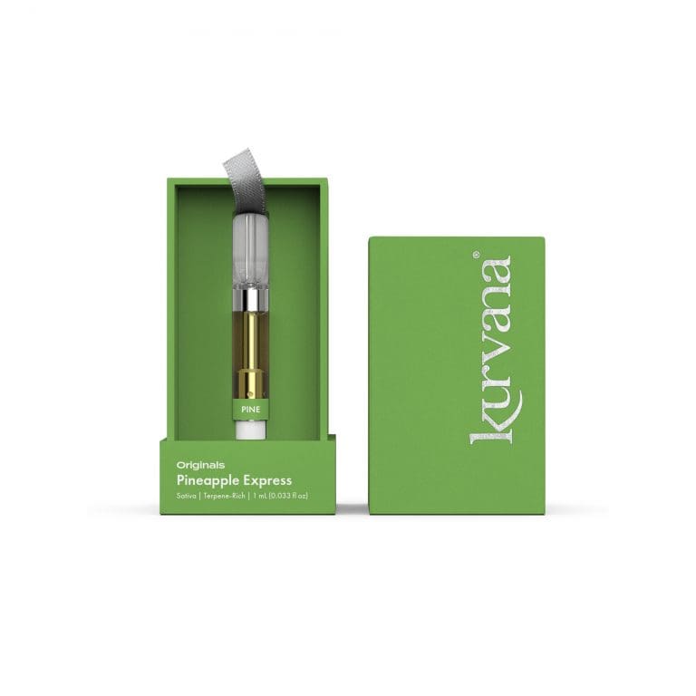 Kurvana Pineapple Express vape cartridge beside its Kurvana retail packaging
