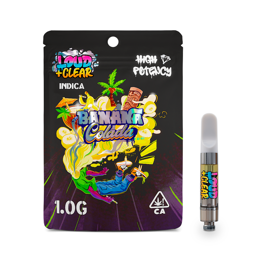 Loud+Clear Banana Colada vape cartridge beside its Loud+Clear retail packaging