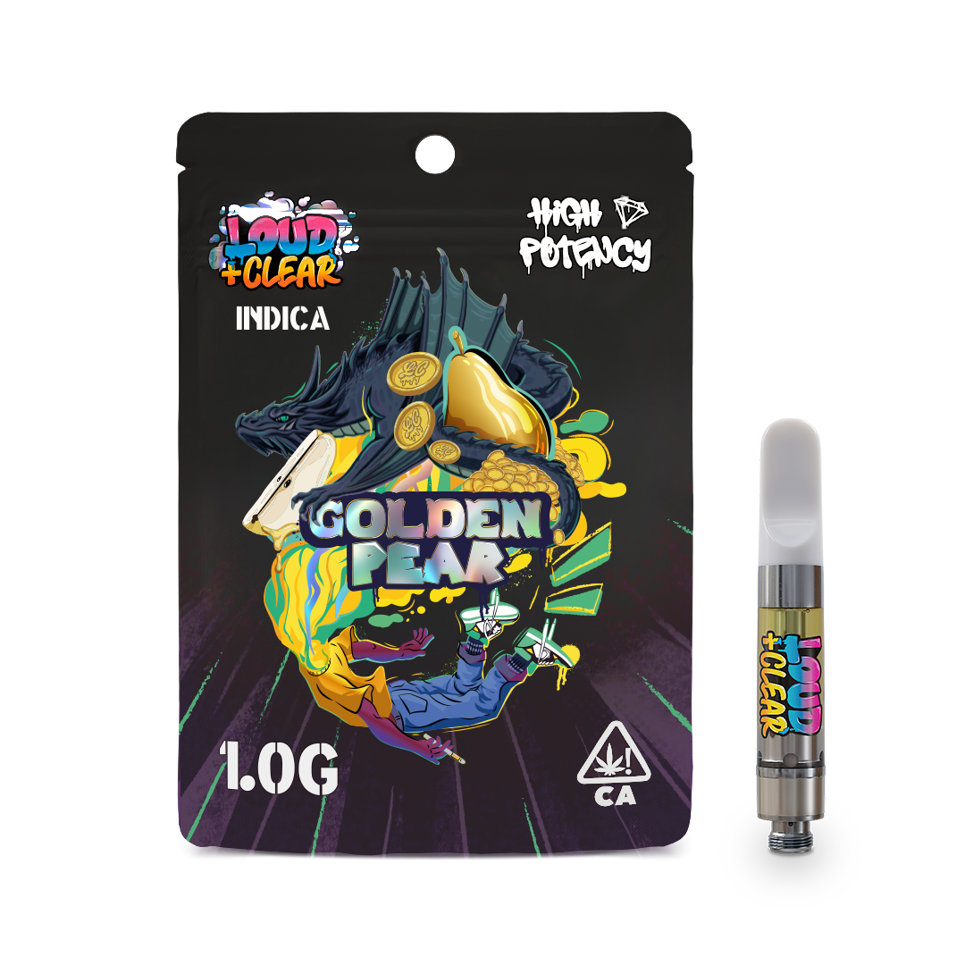 Loud+Clear Golden Pear vape cartridge beside its Loud+Clear retail packaging
