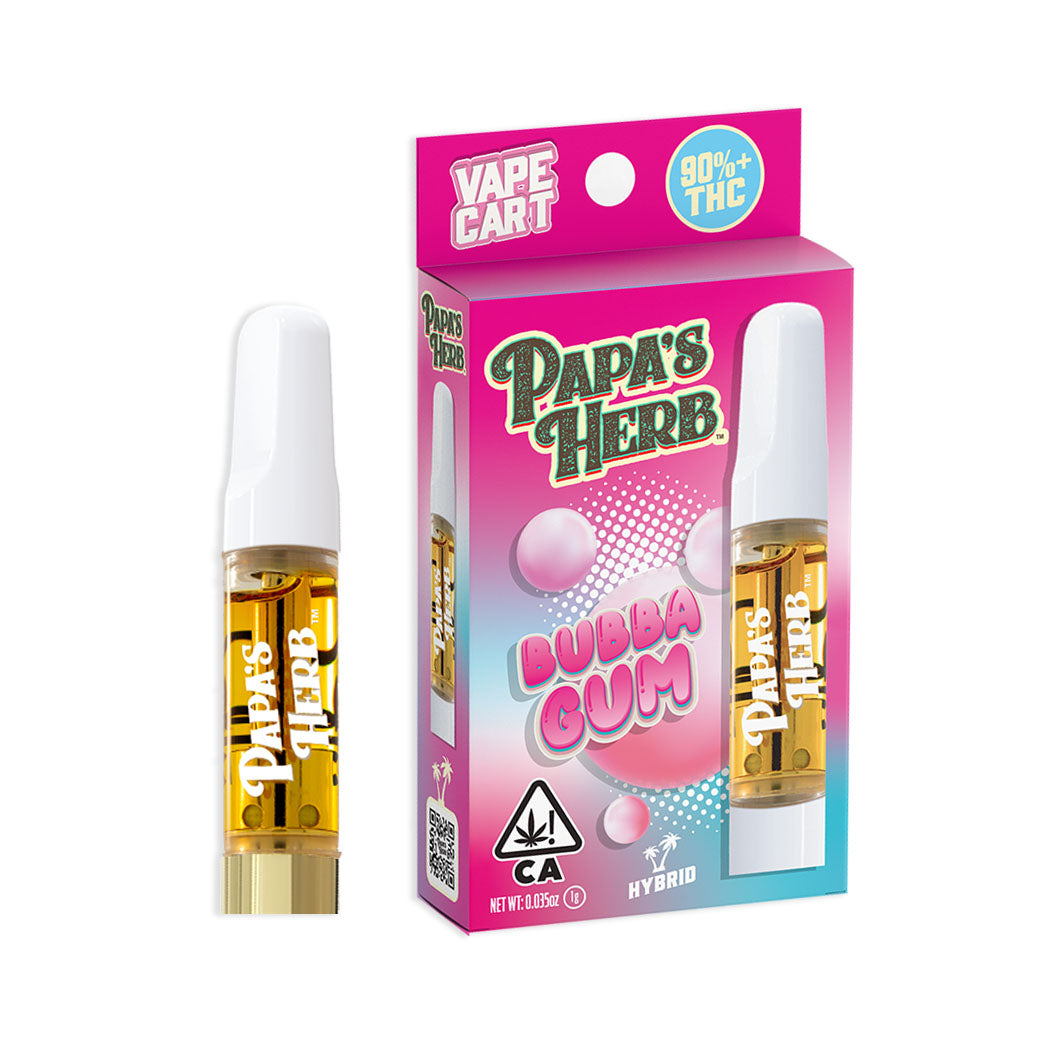 Papa's Herb Bubba Gum vape cartridge beside its Papa's Herb retail packaging