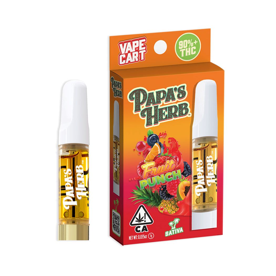Papa's Herb Fruit Punch vape cartridge beside its Papa's Herb retail packaging