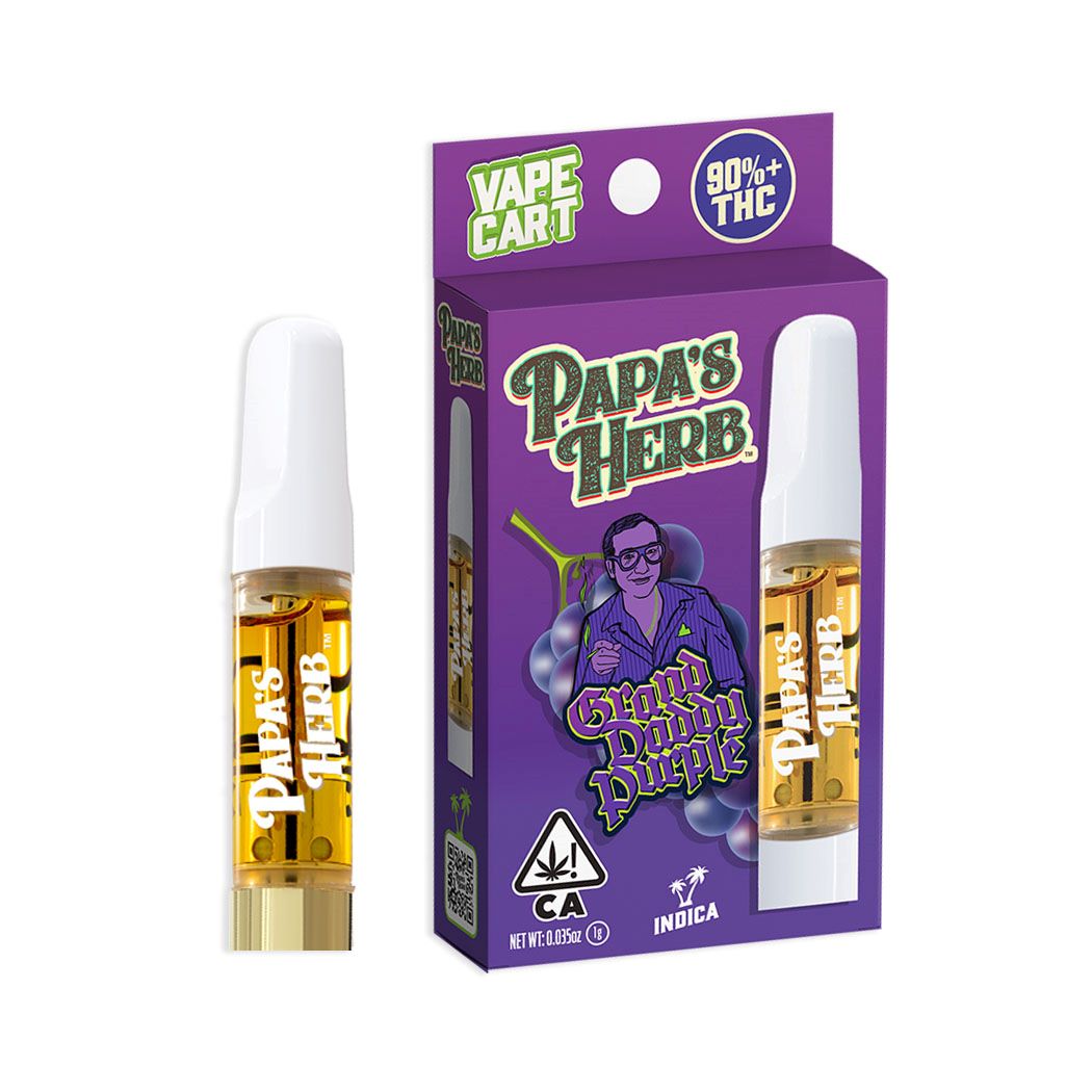Papa's Herb Grand Daddy Purple vape cartridge beside its Papa's Herb retail packaging