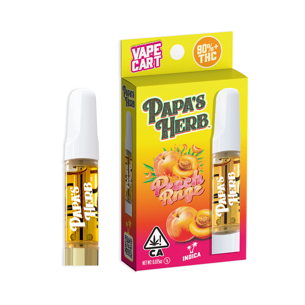Papa's Herb Peach Ringz vape cartridge beside its Papa's Herb retail packaging